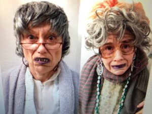 Anet and Kelly as old ladies on Halloween